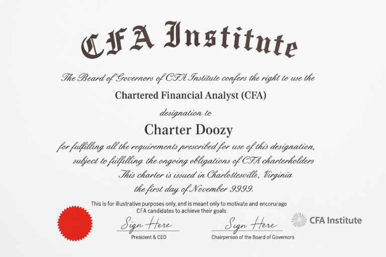 High-resolution image of a CFA (Chartered Financial Analyst) charter certificate awarded to Charter Doozy