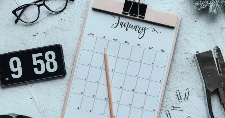 Calendar, pencil, and clock showing 9:58 AM, symbolizing time management and planning