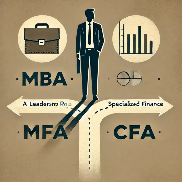 Minimalist depiction of a mid-level manager at a career crossroads choosing between an MBA and CFA.