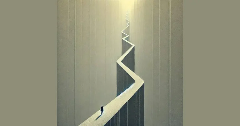 Minimalist image of a figure walking up a steep, winding path symbolizing a challenging journey, with muted gray and earthy tones.