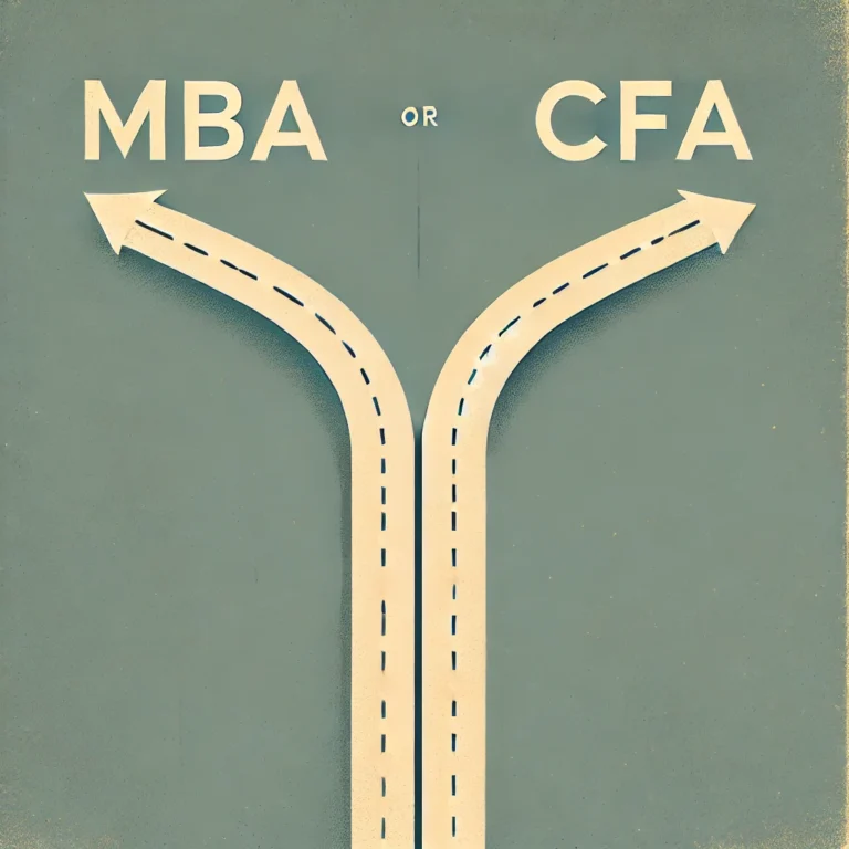 Minimalist crossroads with MBA and CFA paths, symbolizing career decision in finance.