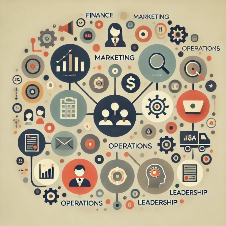 Minimalist icons representing finance, marketing, operations, and leadership, symbolizing an MBA's broad scope.