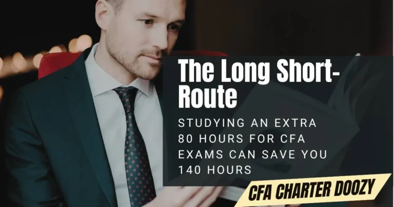 Man in a suit reading with text overlay about the benefits of extra study time for CFA exams.