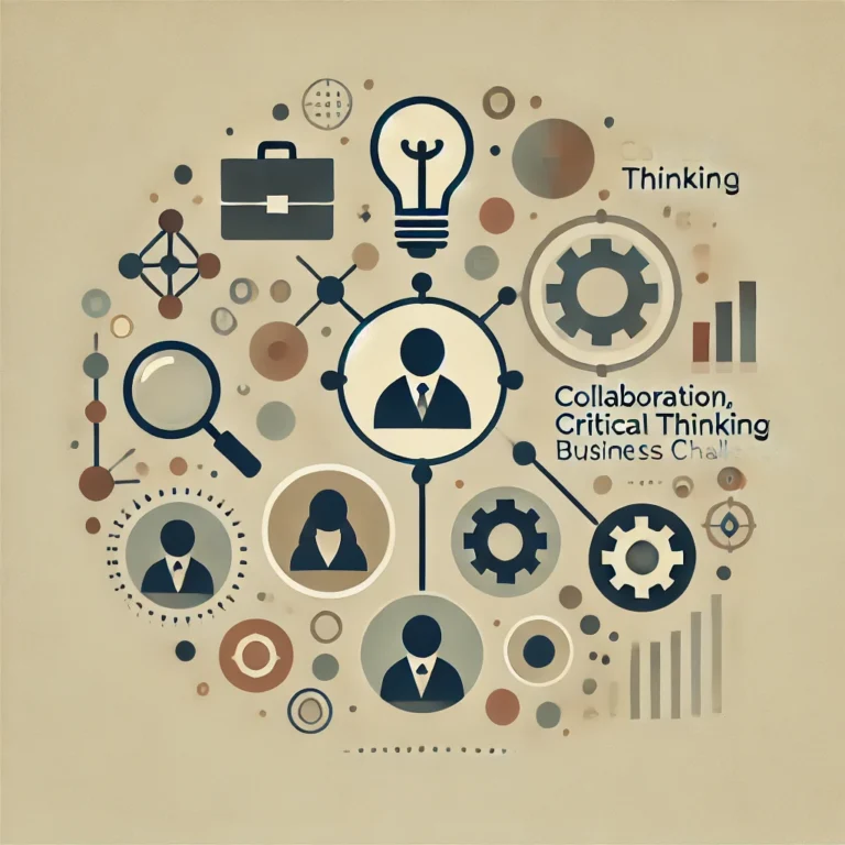 Minimalist symbols of collaboration, critical thinking, and business challenges in an MBA program