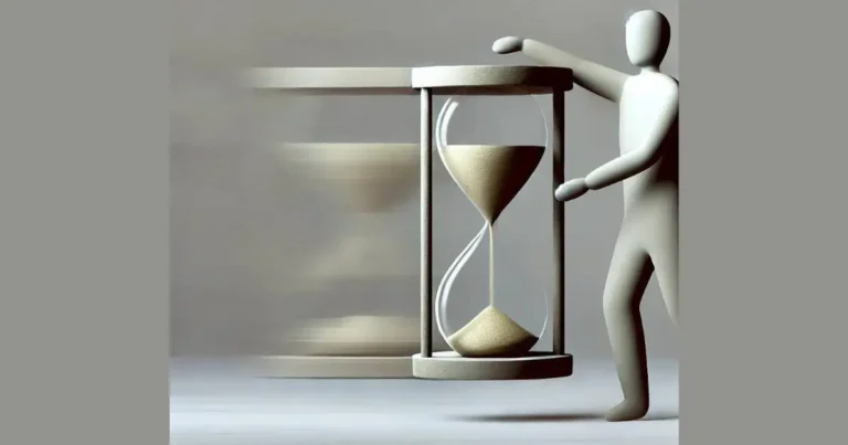 Minimalist image of a figure holding an hourglass, symbolizing effective time management with muted gray and neutral tones.