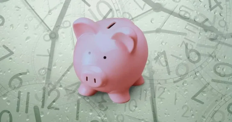 Piggy bank with clocks in the background representing time management and saving time