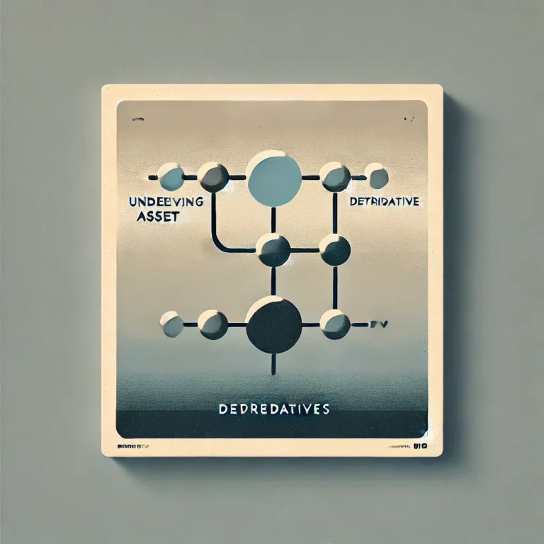 Minimalist depiction of derivatives with two connected shapes representing an underlying asset and its derivative, using dull colors.