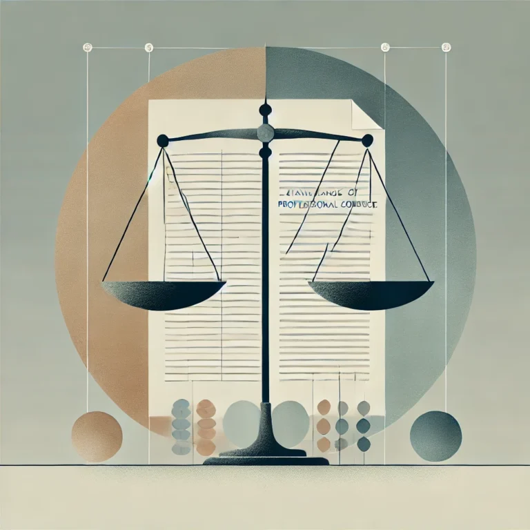 Minimalist image symbolizing the CFA Institute Code of Ethics and Standards of Professional Conduct with abstract balanced scales and document.