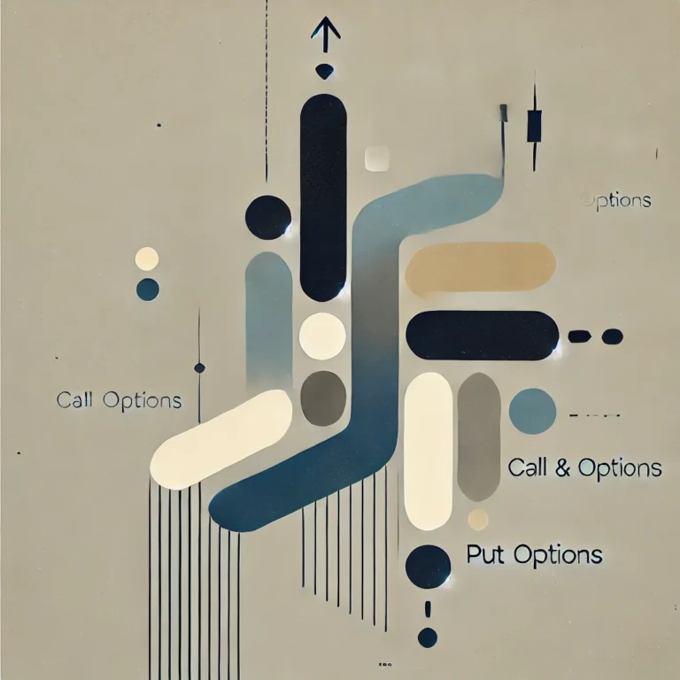 Minimalist illustration of call and put options with upward and downward arrows.