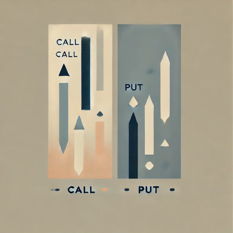Minimalist illustration comparing call and put options with upward and downward arrows.