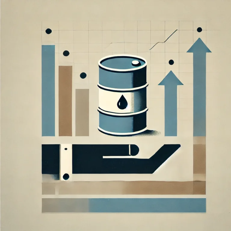 Minimalist illustration of commodity futures, with abstract shapes representing oil barrels and price movement.