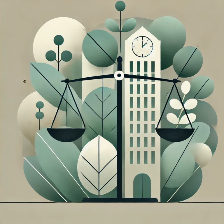 Minimalist image symbolizing ESG investing with abstract elements like leaves, a building, and a scale in muted tones.