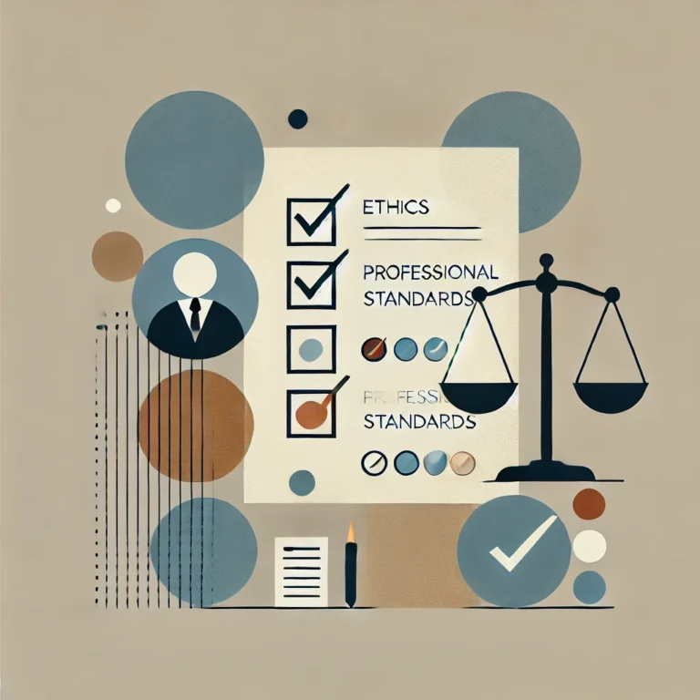 Minimalist image symbolizing the importance of ethics and professional standards in the CFA Level 2 exam with abstract elements like a checklist, balance scale, and exam paper.