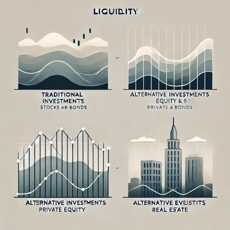 Minimalist illustration showing liquidity differences between traditional and alternative investments.