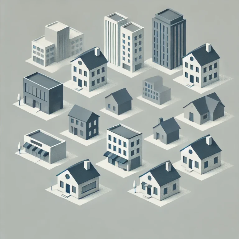 Minimalist illustration of real estate as an alternative investment featuring commercial and residential properties.