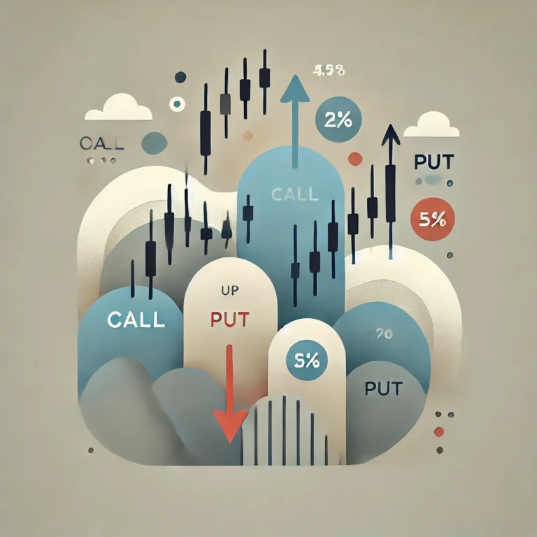 Minimalist illustration of speculative profits using call and put options with upward and downward arrows.