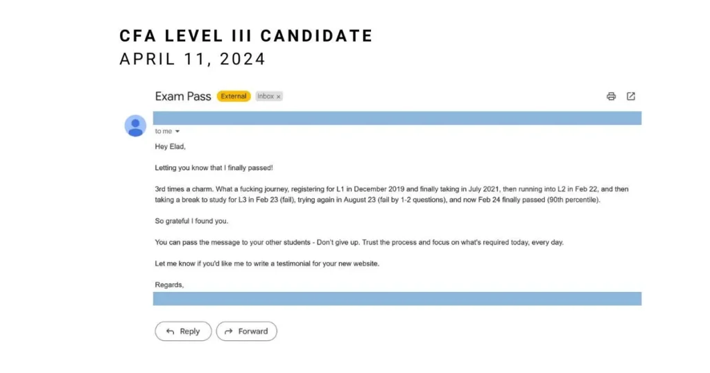 CFA Level III candidate testimonial about passing the exam after multiple attempts in 2024.