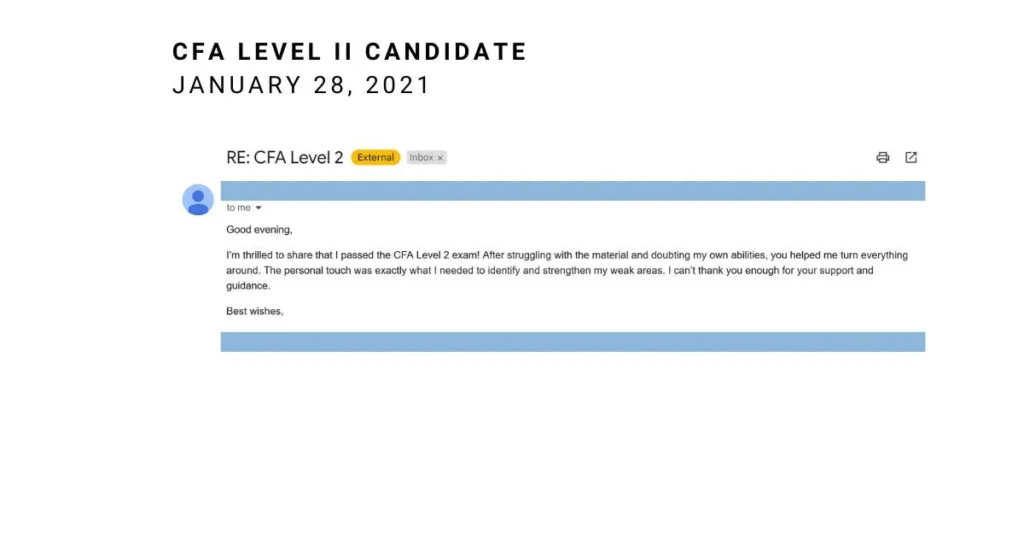 CFA Level II candidate testimonial about passing the exam in 2021 after overcoming challenges with study material.