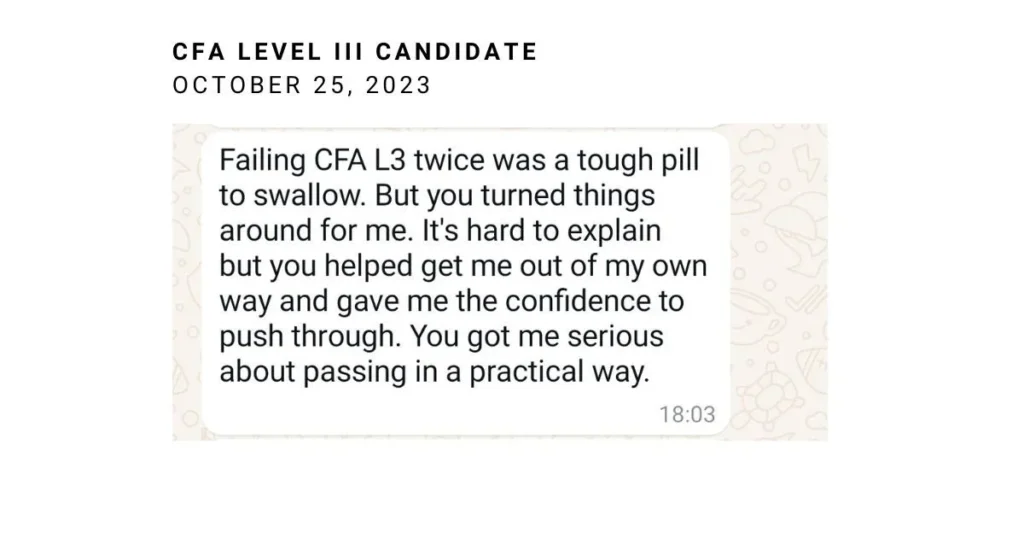 CFA Level III candidate testimonial about overcoming failure and passing after two attempts in 2023.