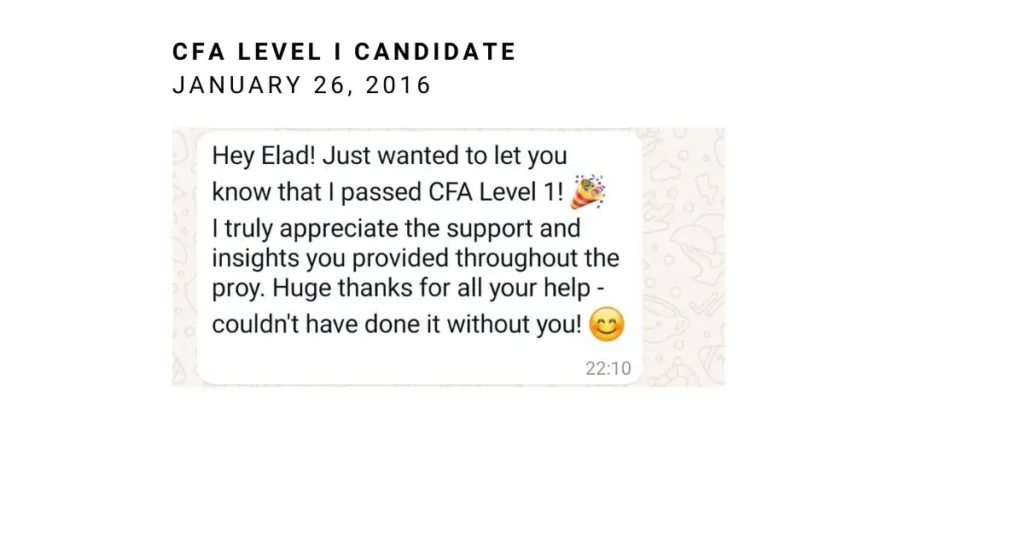 CFA Level I candidate testimonial about passing the exam in 2016 with coaching support.