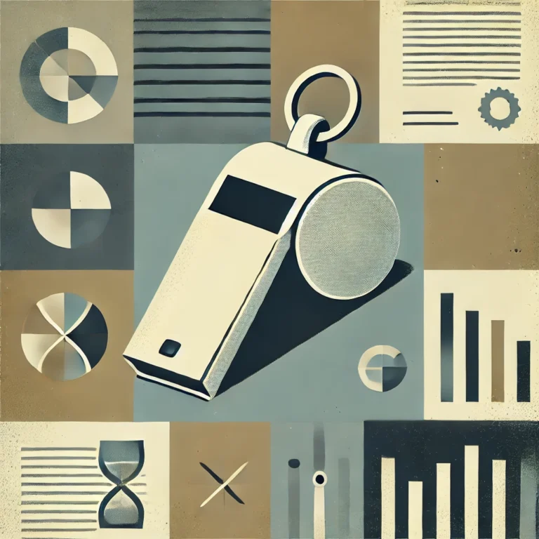 Minimalist image symbolizing the rise of whistleblowing in finance with abstract elements like a whistle and financial documents.