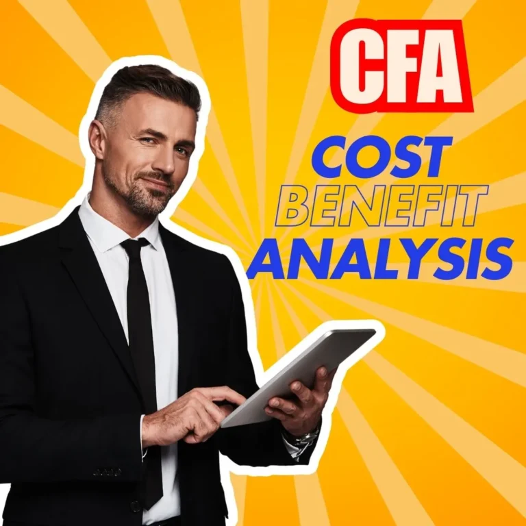 CFA Cost-Benefit Analysis Tool, featuring financial professional evaluating the benefits of the CFA designation on a tablet for career and income potential