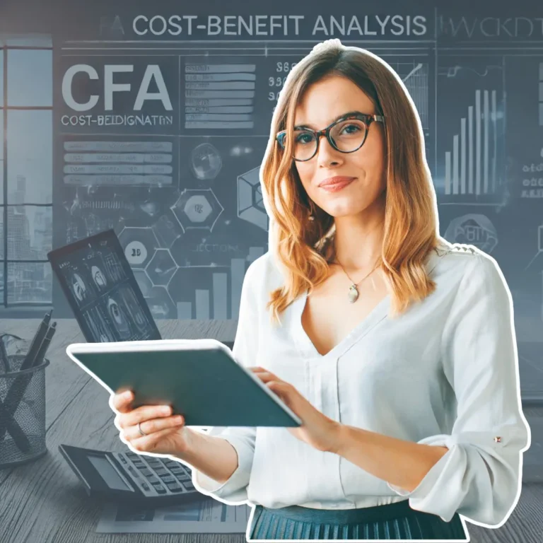 Financial professional using tablet to evaluate CFA Cost-Benefit Analysis, with financial projections displayed in the background for CFA designation assessment Title