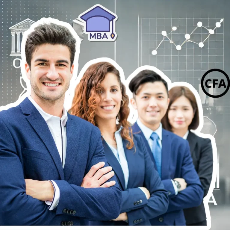 Group of finance professionals representing CFA and MBA paths, comparing career growth and investment in both qualifications.