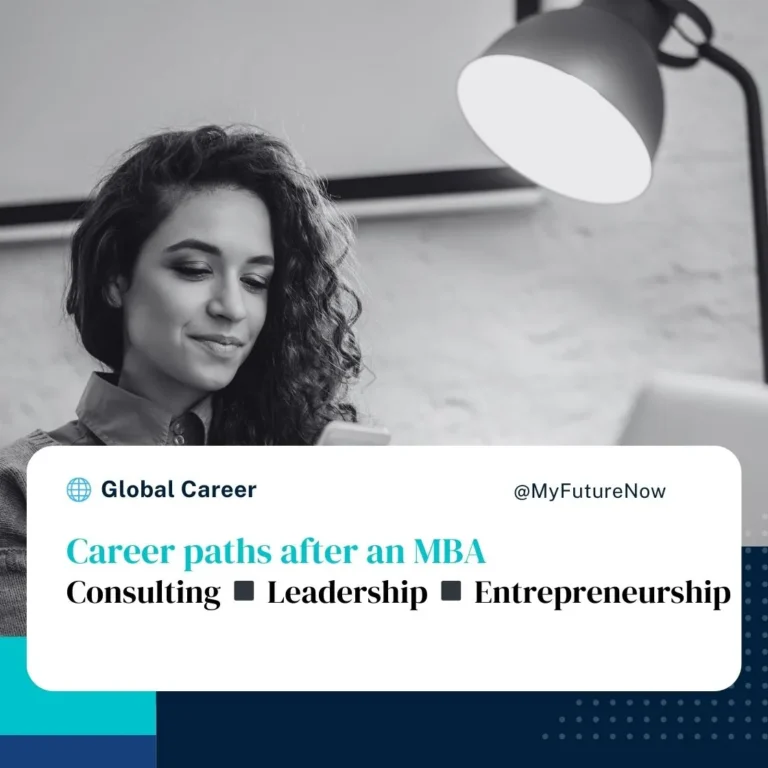 Professional woman exploring career paths after completing an MBA, including consulting, leadership, and entrepreneurship