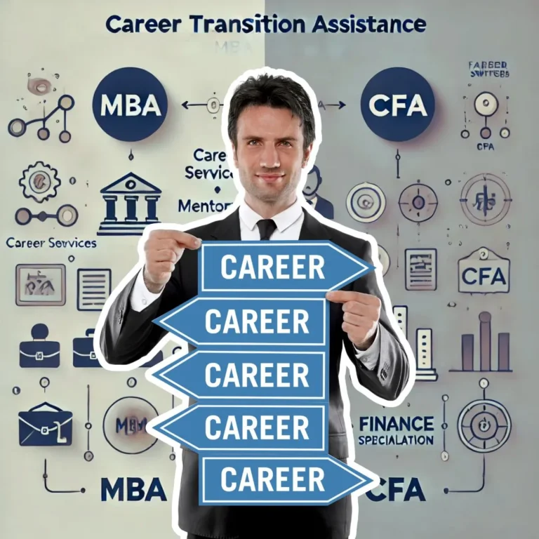 Career transition assistance comparison between MBA and CFA programs, highlighting career services, mentorship, and finance specialization