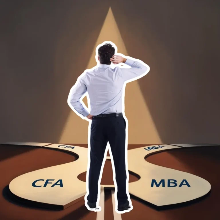 Professional deciding between CFA and MBA career paths at a crossroads