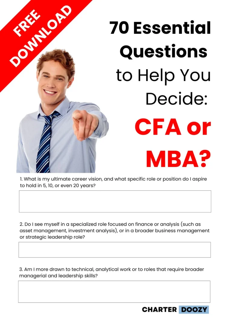 Guide to help decide between CFA and MBA, featuring 70 essential questions for career planning in finance and business.