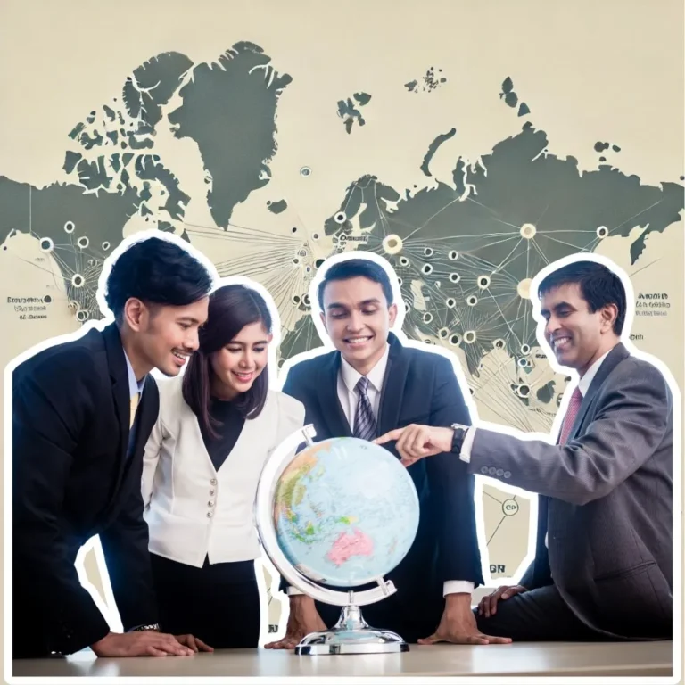 Group of business professionals looking at a globe with a world map showing global MBA alumni connections in the background