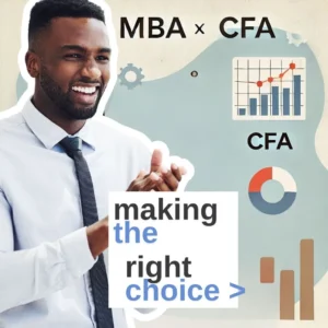 Smiling professional with icons representing MBA and CFA program choices