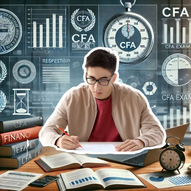 Student studying for the rigorous CFA exams with books, charts, and a clock representing time commitment
