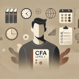 Focused individual holding CFA Level I study materials with background symbols of time management and preparation