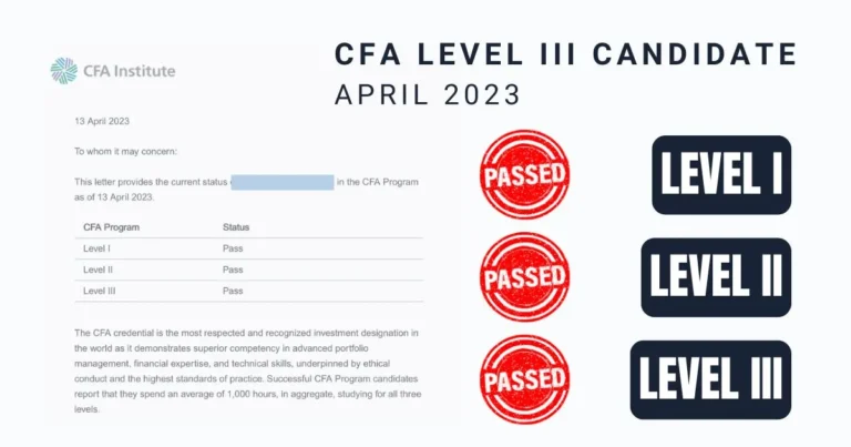 CFA Level III results for April 2023 showing a candidate's successful completion of all CFA levels with red "Passed" stamps for Levels I, II, and III.