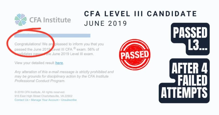 CFA Level III exam results from June 2019, highlighting a candidate's success after four failed attempts, with a red "Passed" stamp.