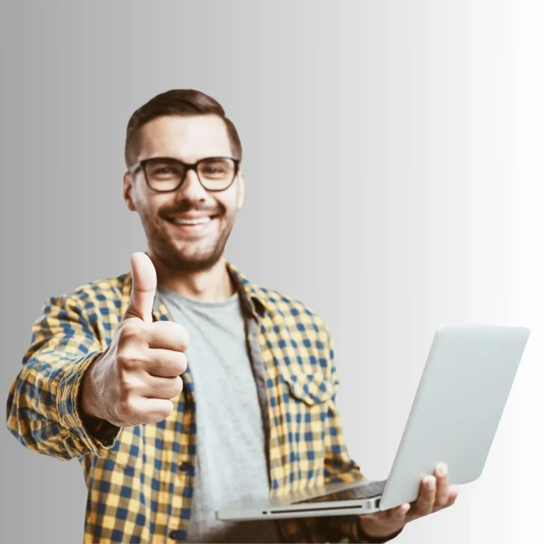 A CFA candidate celebrating success with a laptop in hand, symbolizing achievement in mastering the Candidate Body of Knowledge (CBOK).