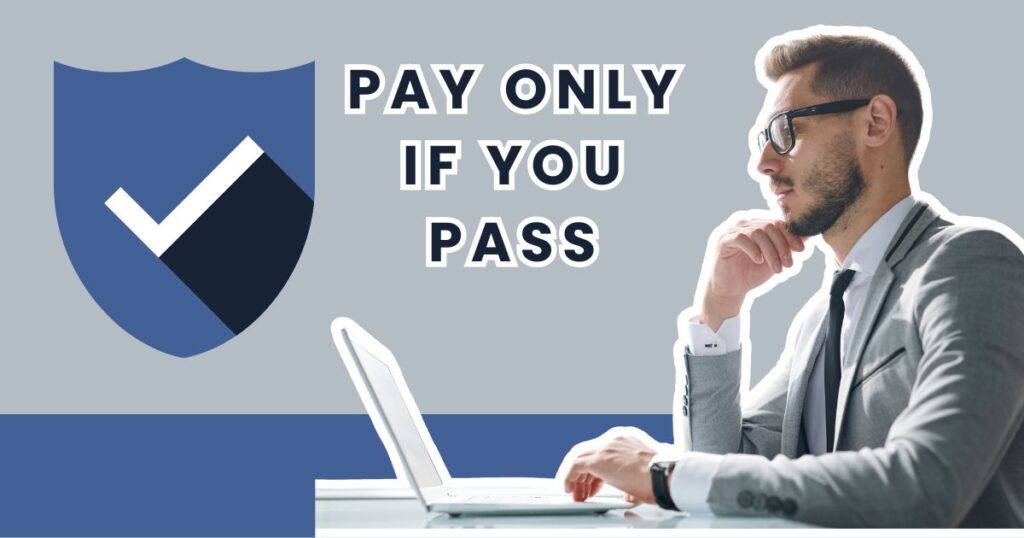 CFA candidate in suit working on laptop with text “Pay Only If You Pass” and shield icon