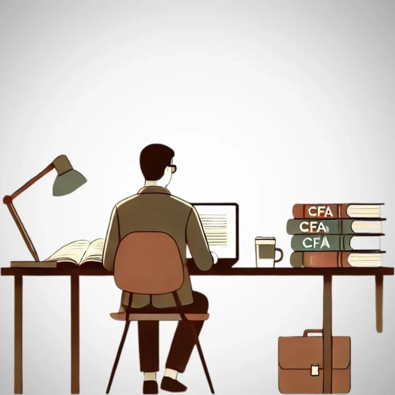 CFA candidate studying at a desk with CFA textbooks, emphasizing diligent preparation for exams