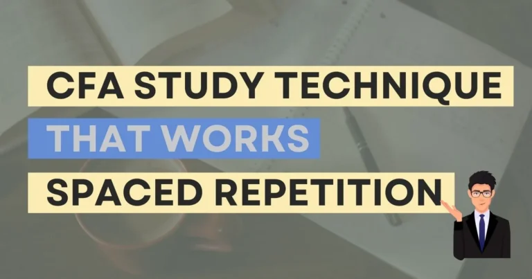 Bold text overlay reading 'CFA Study Technique That Works: Spaced Repetition' with study notes and a coffee cup in the background.
