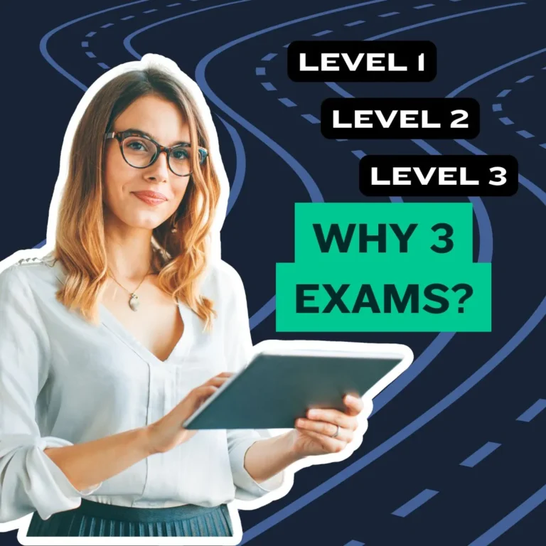 Woman holding a tablet against a background referencing CFA Levels 1, 2, and 3, symbolizing structured CFA Program progression.