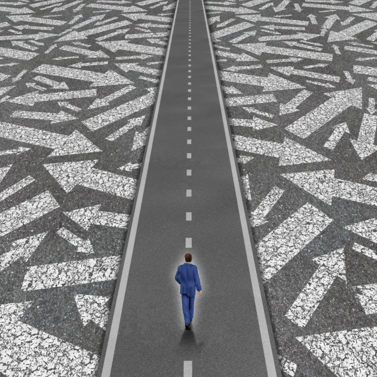 Person walking a clear path amid chaos and choices