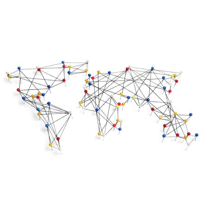 Global CFA Society network illustrated by interconnected pins on a world map.