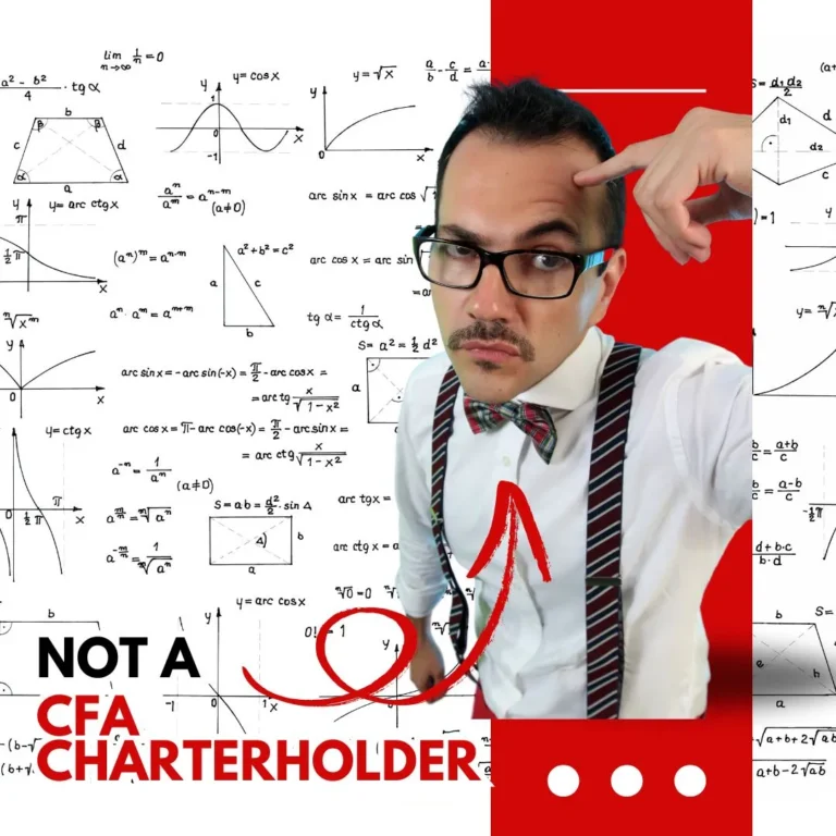 A skeptical man in glasses and suspenders pointing to his head, surrounded by complex mathematical formulas, with text saying "Not a CFA Charterholder."