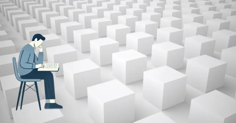 Illustration of a student reading a book with a background of repeating white cubes, symbolizing spaced repetition.