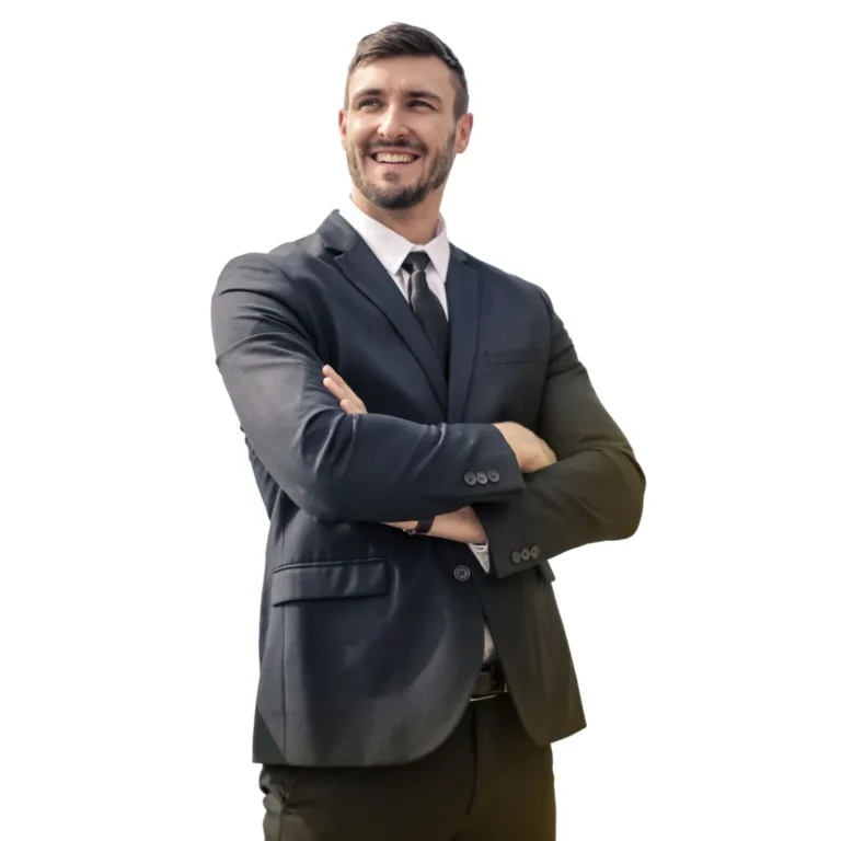 Confident finance professional in a suit, arms crossed, smiling