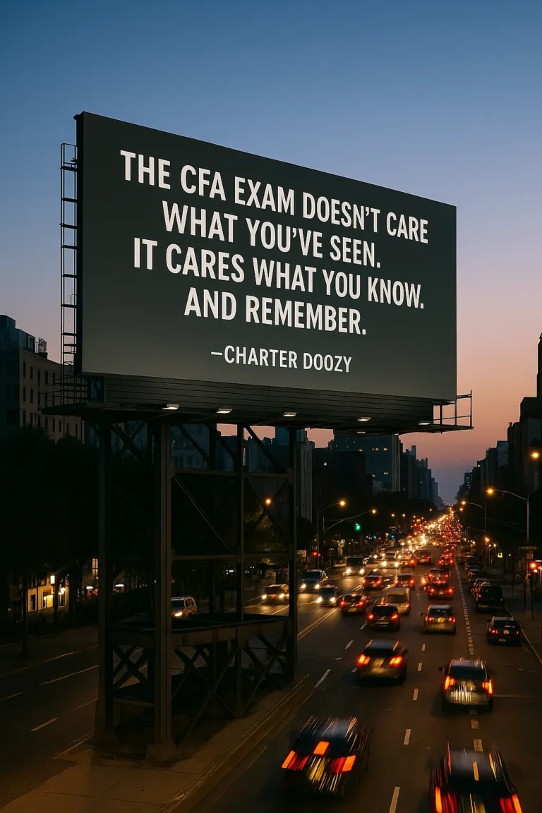 A large urban billboard at dusk with the quote: “The CFA Exam doesn’t care what you’ve seen. It cares what you know. And remember.” – Charter Doozy