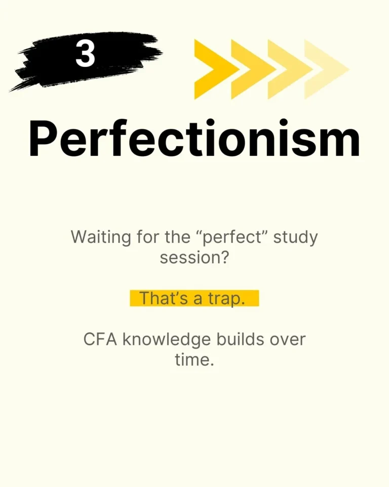 Slide highlighting how perfectionism causes CFA exam procrastination, with the message 'That's a trap.'